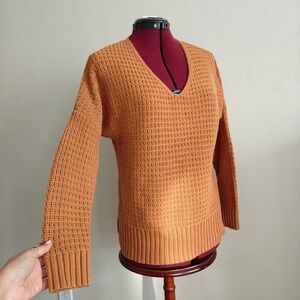 Rachel Zoe Womens Waffle Knit Sweater V Neck Chunky Orange Long Sleeve Small